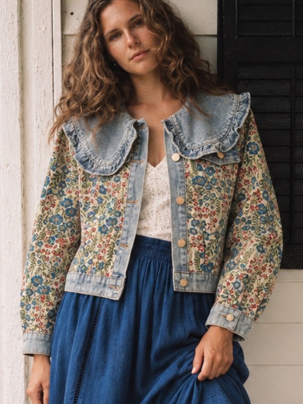 BlueFire Floral Tapestry Denim Jacket Peter Pan Collar Cottagecore Prairie, M